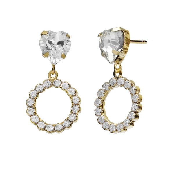 Well-loved gold-plated long earrings with white crystal in heart shape