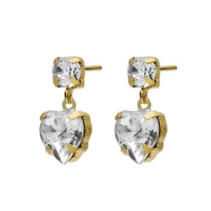 Well-loved gold-plated short earrings with white crystal in heart shape