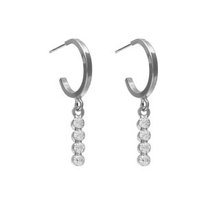 Well-loved sterling silver hoop earrings with white crystal in waterfall shape