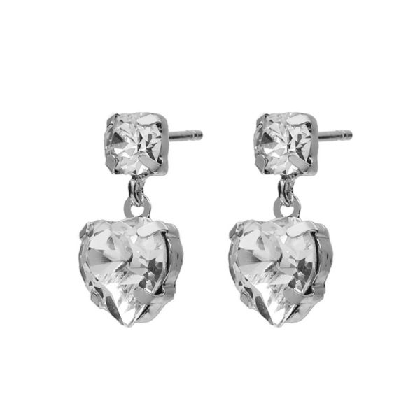 Well-loved sterling silver short earrings with white crystal in heart shape