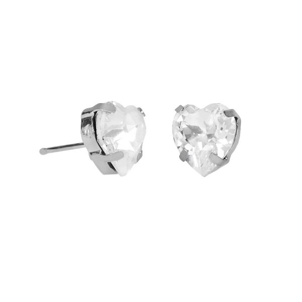 Well-loved sterling silver stud earrings with white crystal in heart shape
